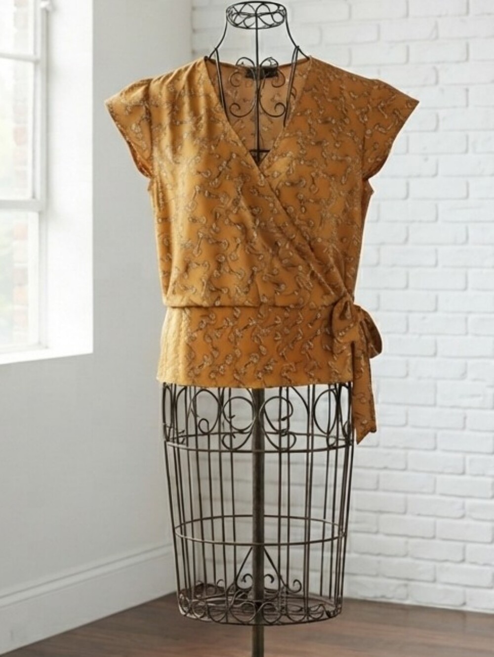 Wrap-Front Cap Sleeve Blouse in Mustard - Women